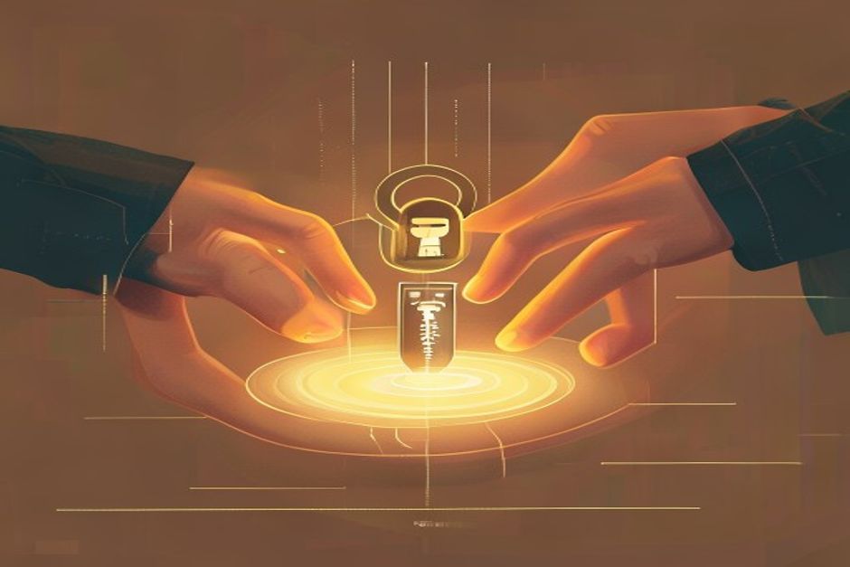 A physical hardware security key held between two fingers pressing down over a glowing pending transaction, an autonomous software agent reaching toward the transaction but stopped at a hard boundary it cannot cross